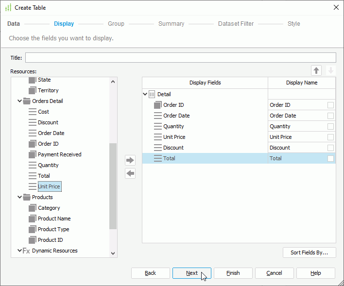 Table Display Fields