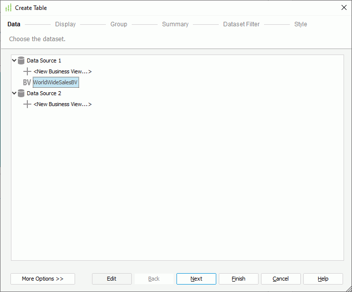 Select Data Source for Table