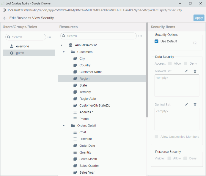 Edit Business View Security dialog box