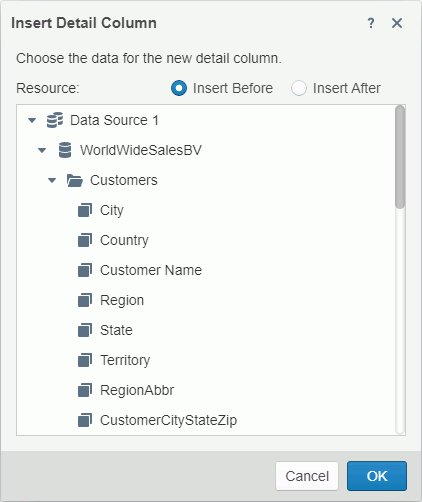 Insert Detail Column dialog box