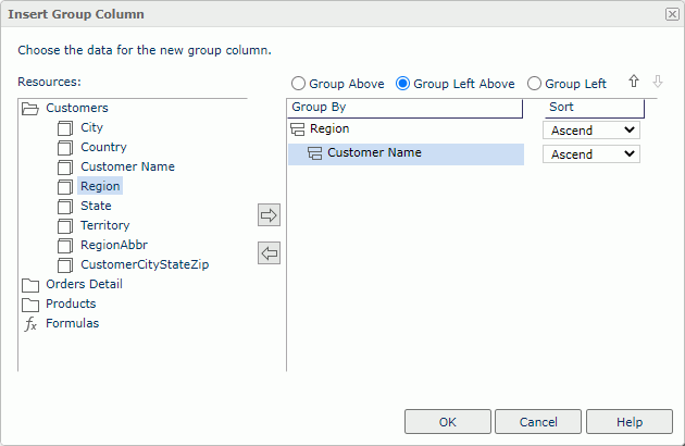 Insert Group Column dialog box