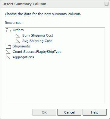 Insert Summary Column dialog