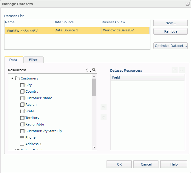 Manage Datasets dialog box