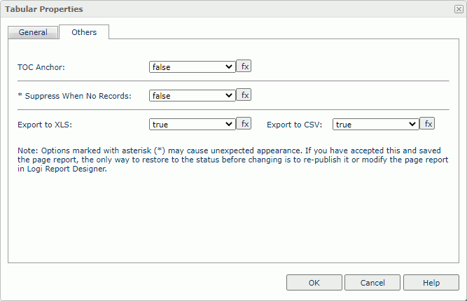 Tabular Properties dialog box - Others tab