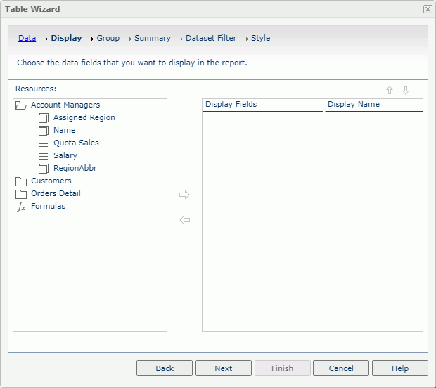 Table Wizard - Display screen