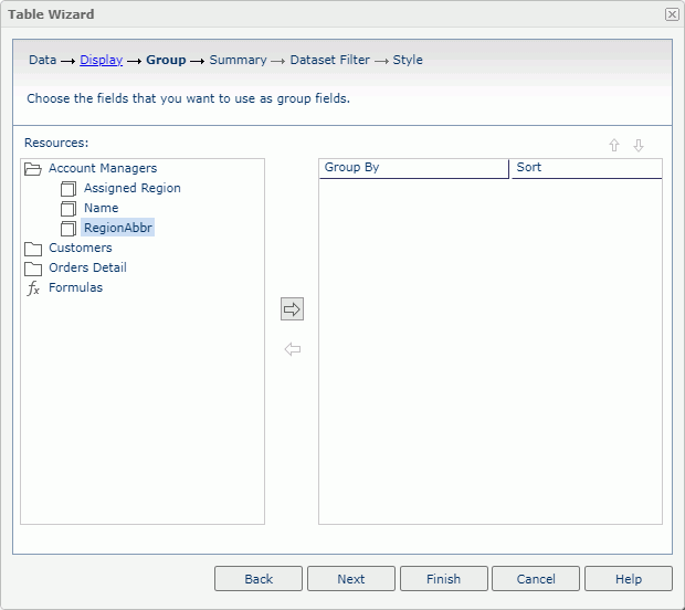 Table Wizard - Group screen