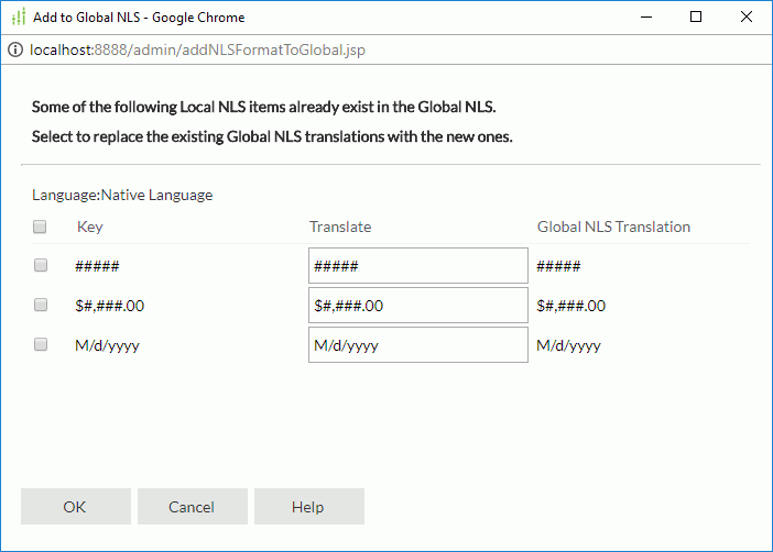 Add to Global NLS dialog - Format