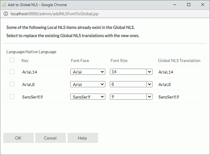 Add to Global NLS dialog - Font