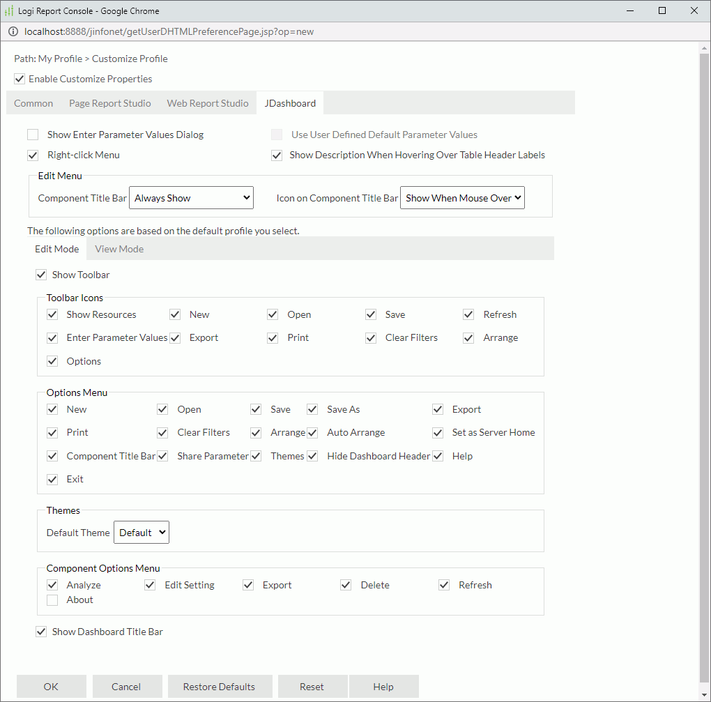 Customize Profile dialog box - JDashboard