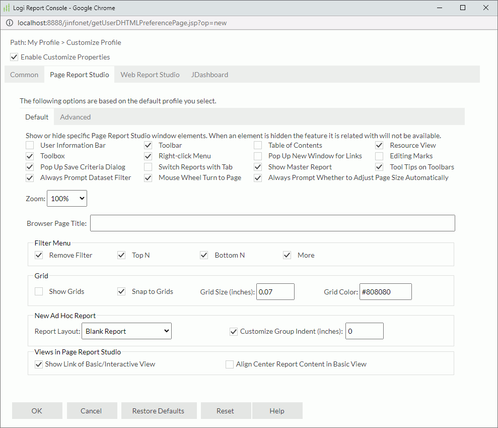 Customize Profile dialog box - Page Report Studio