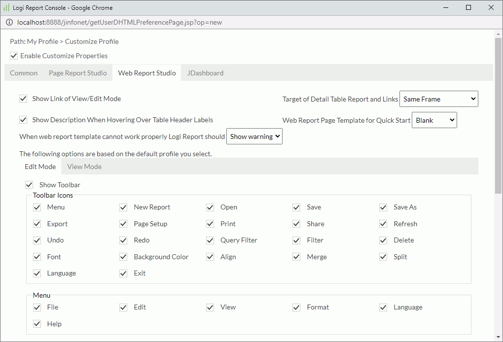 Customize Profile dialog box - Web Report Studio