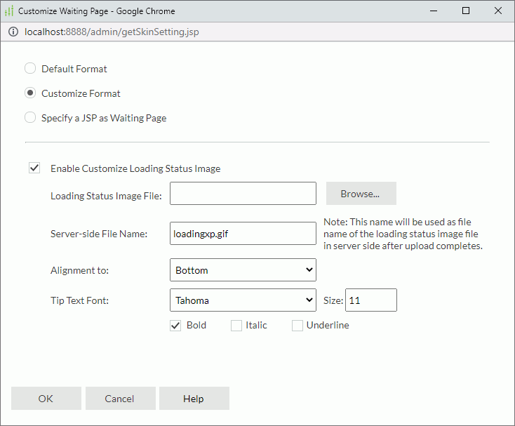 Customize Waiting Page dialog box