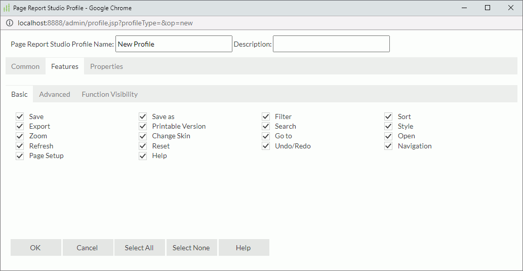 Page Report Studio Profile dialog box - Features - Basic tab