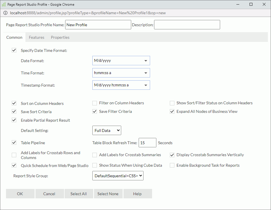 Page Report Studio Profile dialog box - Common tab