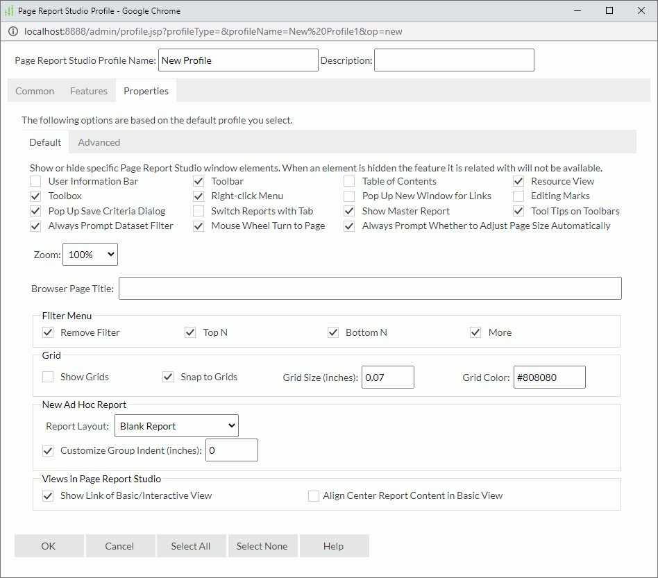 Page Report Studio Profile dialog box - Properties - Default tab