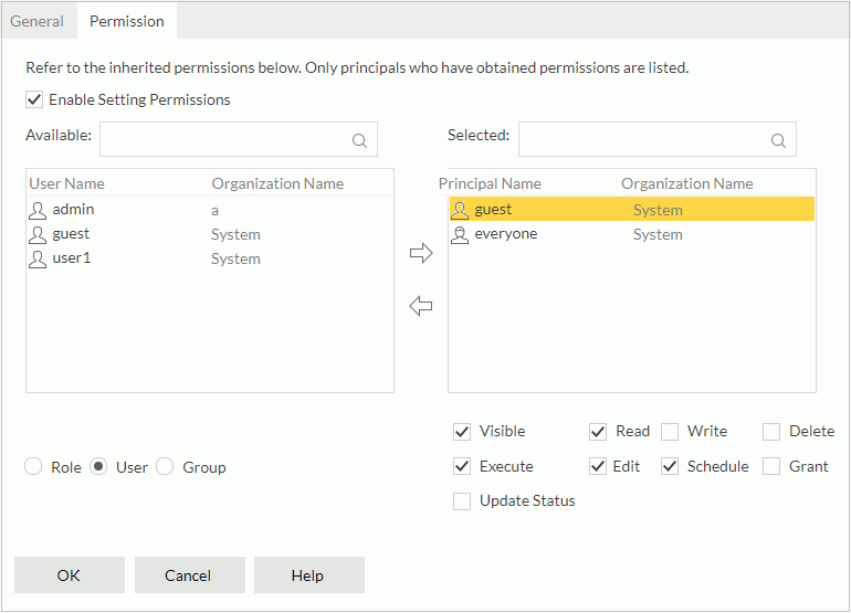 Multiple Type Properties dialog box - Permission tab