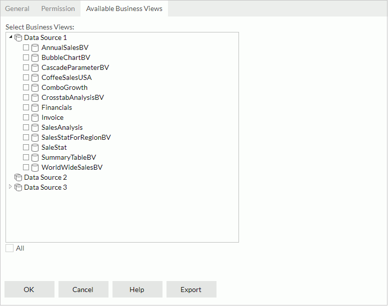 Properties dialog box - Available Business Views tab