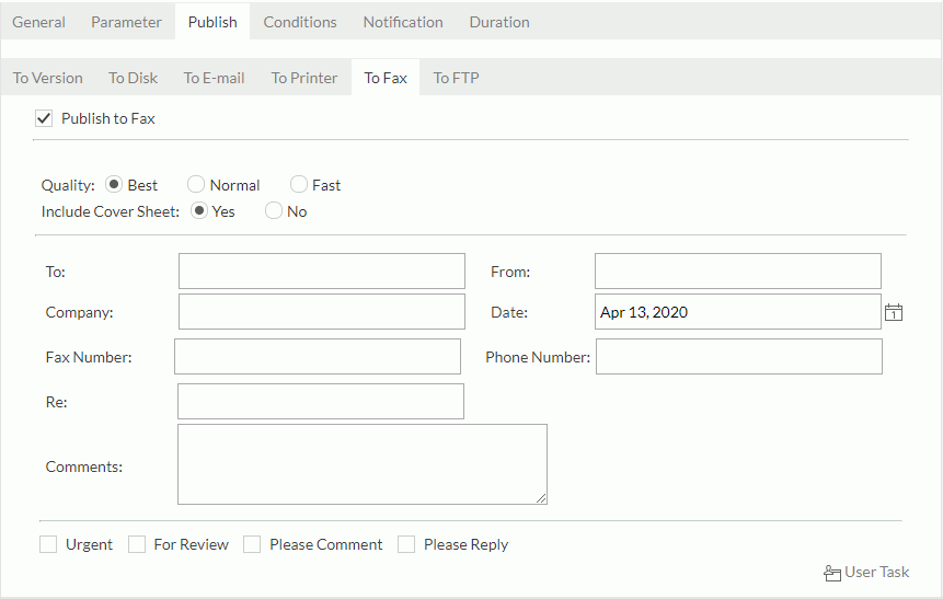 Schedule dialog - Publish tab - To Fax