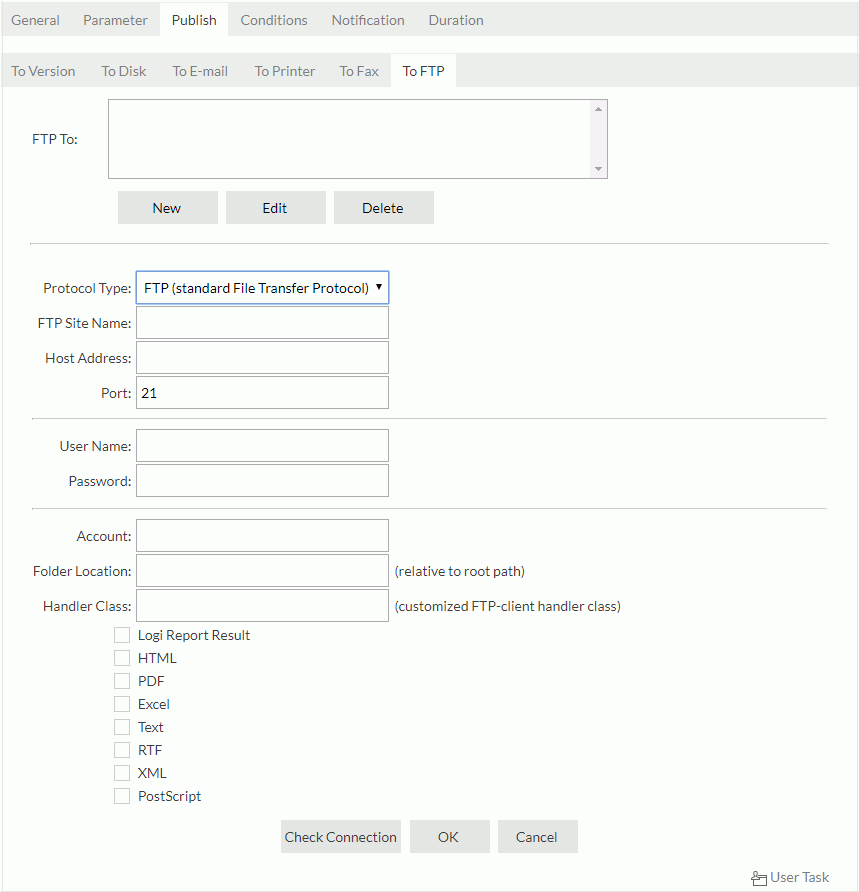 Schedule dialog - Publish tab - To FTP