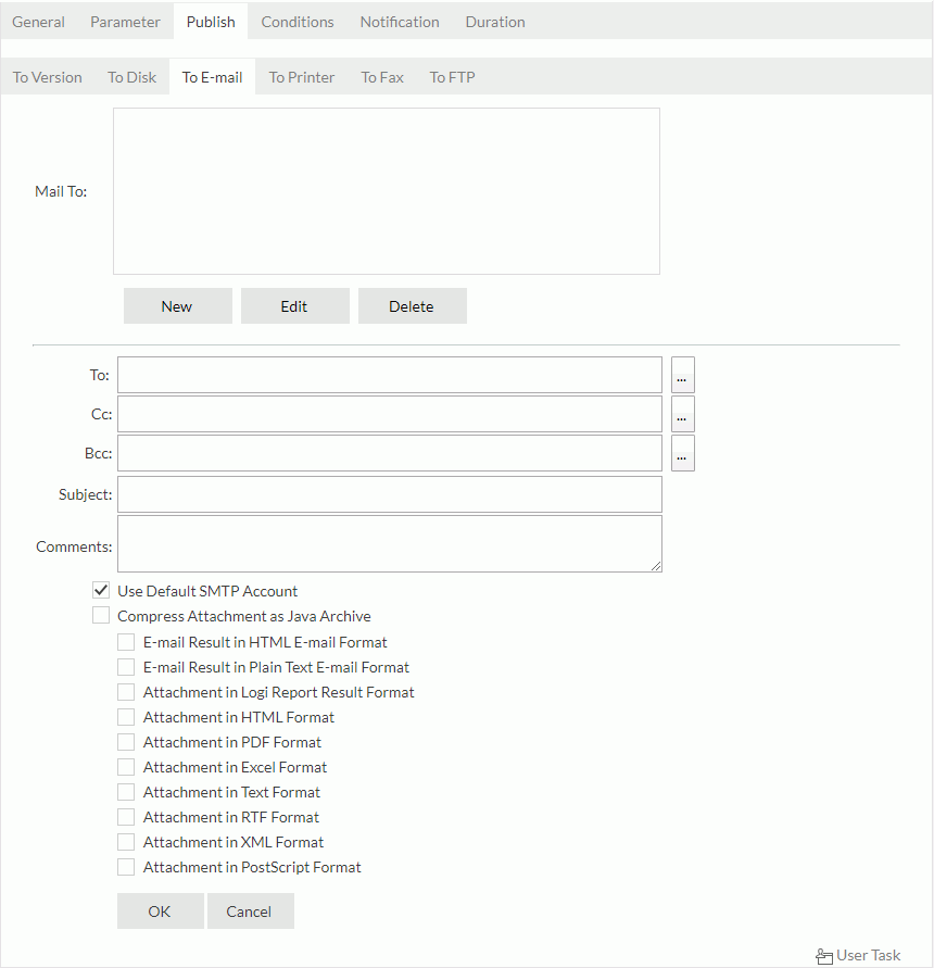 Schedule dialog - Publish tab - To E-mail