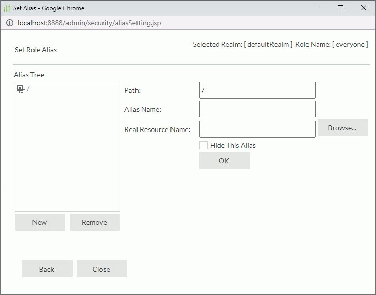 Set Alias dialog - Define Alias Tree