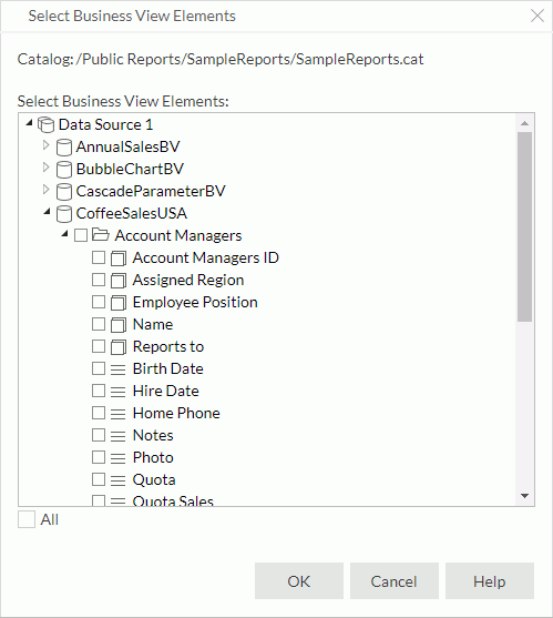 Select Business View Elements dialog