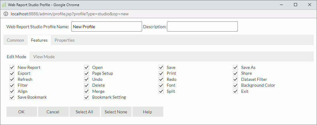 Web Report Studio Profile dialog box - Features - Edit Mode tab