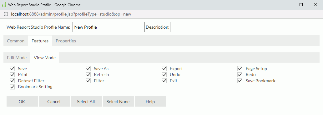 Web Report Studio Profile dialog box - Features - View Mode tab