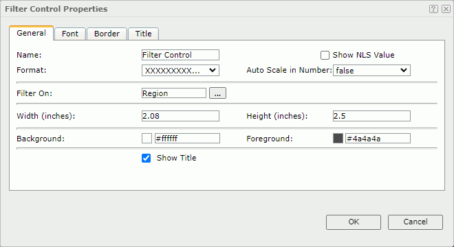 Filter Control Properties dialog - General tab