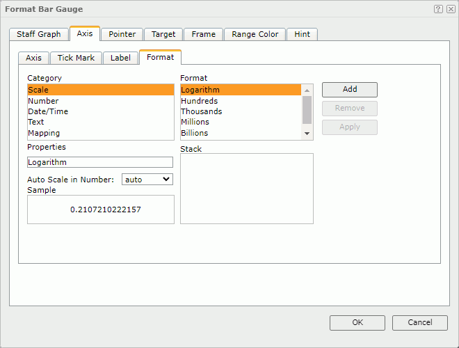 Format Bar Gauge dialog - Axis - Format