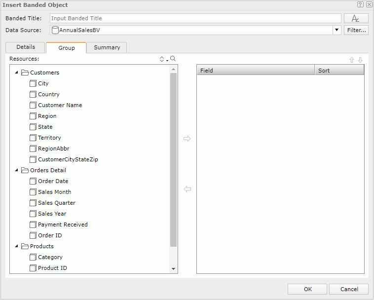 Insert Banded Object dialog - Group