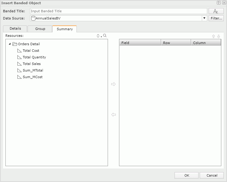 Insert Banded Object dialog - Summary tab