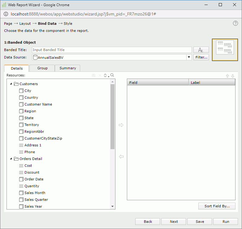 Web Report Wizard - Bind Data screen - Banded