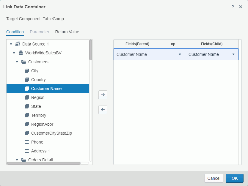 Set Data Container Link Condition Based on Customer Name