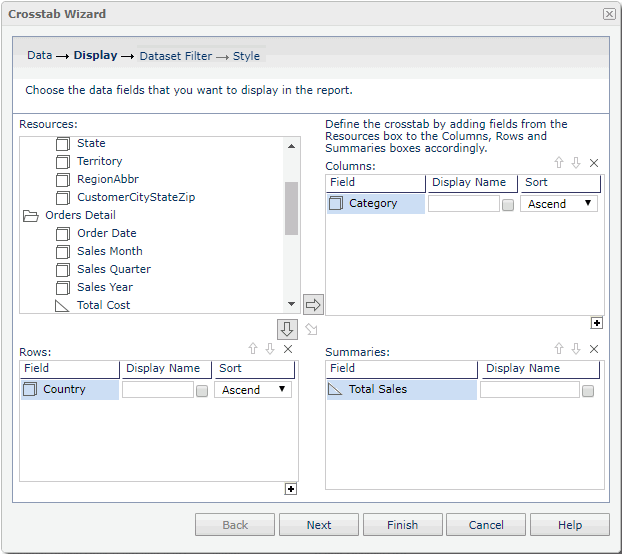 Add Crosstab Display Fields