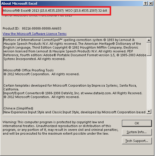 Determining the bitness of Excel 2013